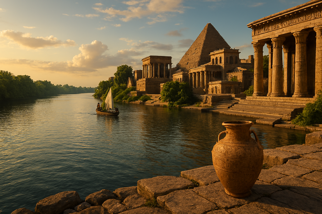 صورة مولدة عبر الذكاء الاصطناعي لنهر يمر بجوار معابد وأبنية حضارية قديمة، مع قارب شراعي، يرمز إلى دور الأنهار والمياه في نشوء الحضارات والتجارة القديمة.