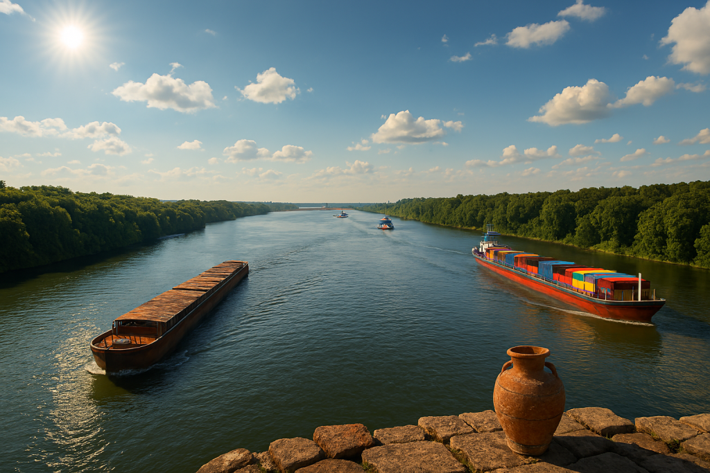 صورة مولدة عبر الذكاء الاصطناعي لسفن شحن تسير في نهر واسع محاط بالغابات، تمثل الأنهار كمسارات لوجستية حديثة تربط الأسواق وتدعم التدفق الاقتصادي.