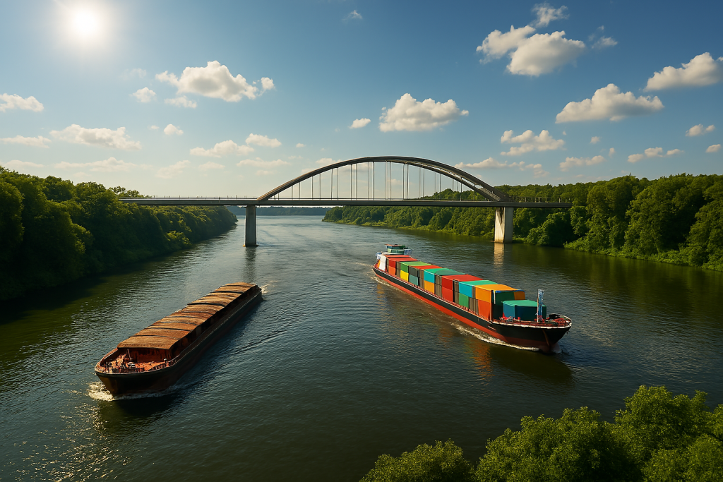 صورة مولدة عبر الذكاء الاصطناعي لسفينة حاويات تعبر نهرًا تحت جسر، تمثل استخدام الأنهار كممرات لوجستية فعالة لنقل البضائع وتقليل الازدحام البري.