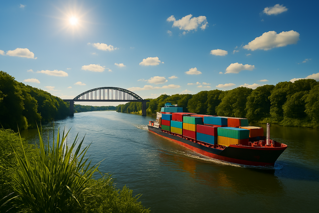 صورة مولدة عبر الذكاء الاصطناعي لنهر يُستخدم في نقل الحاويات ، يوضح تكامل النقل النهري مع اللوجستيات الذكية .