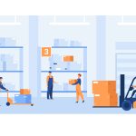 صورة مولدة عبر الذكاء الاصطناعي عمال في مستودع يقومون بتجهيز الطلبات وتخزين الصناديق ضمن خدمات الفولفيلمنت للتجارة الإلكترونية