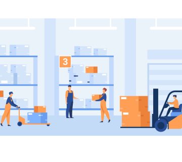 صورة مولدة عبر الذكاء الاصطناعي عمال في مستودع يقومون بتجهيز الطلبات وتخزين الصناديق ضمن خدمات الفولفيلمنت للتجارة الإلكترونية