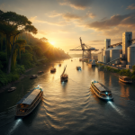 مشهد نهري عند الغروب يُظهر قوارب شحن حديثة تعمل بالطاقة النظيفة تعبر مجرى مائي تحيط به الغابات من جهة، ومنشآت لوجستية وموانئ صناعية من الجهة الأخرى، في تجسيد بصري لتلاقي الطبيعة مع التجارة، وتحول الأنهار إلى شرايين لوجستية مستدامة تربط الماضي بالمستقبل.