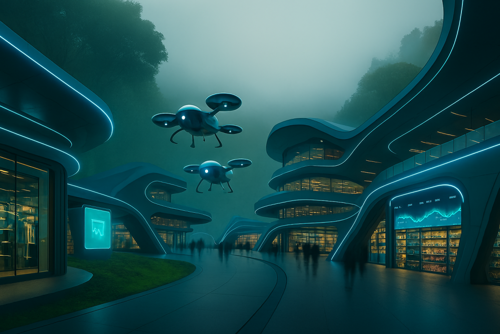 صورة مولدة عبر الذكاء الاصطناعي لطائرات مسيّرة تعمل بتناغم فوق مركز لوجستي مستقبلي يرمز إلى تنسيق العمليات وتدفق المعلومات بذكاء داخل غابة