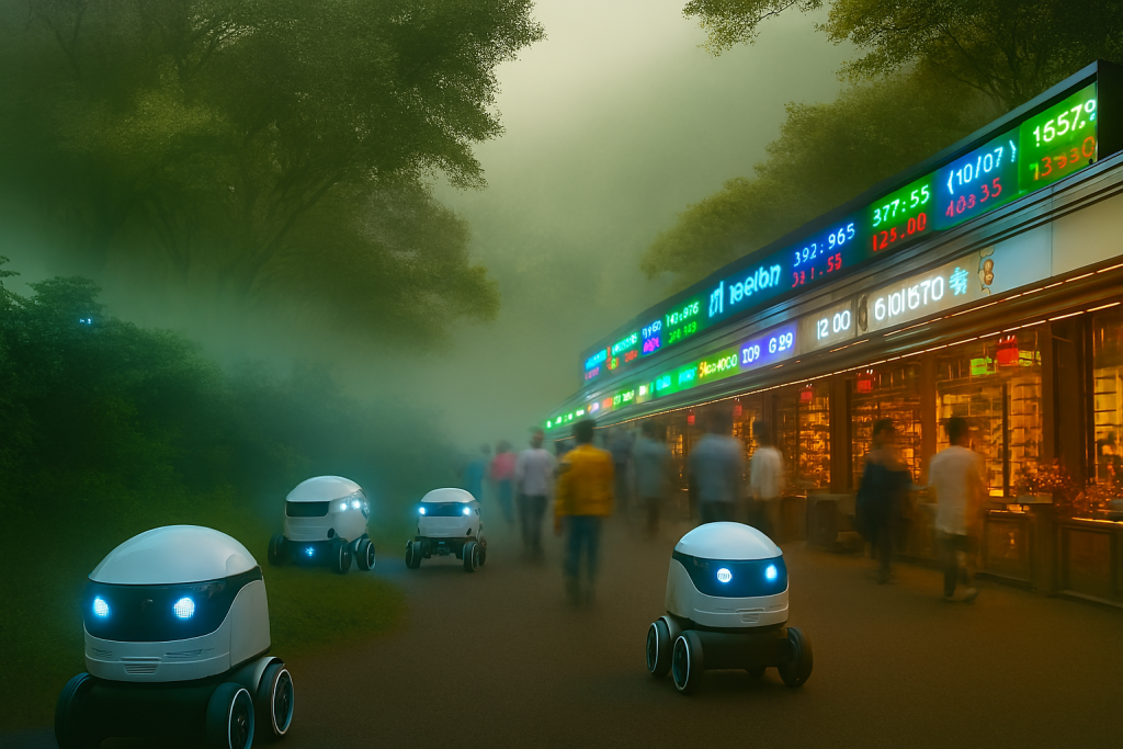 صورة مولدة عبر الذكاء الاصطناعي لروبوتات لوجستية تتحرك بانضباط وسط مسار مزدحم، في محاكاة لتنظيم التدفق وتفادي الاختناقات في شبكات التوزيع