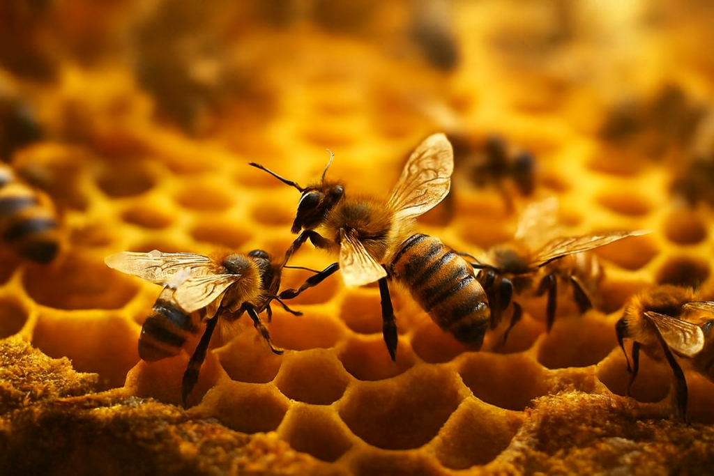 صورة صنعت عبر الذكاء الاصطناعي لنحل يعمل داخل خلية العسل بتنسيق جماعي يعكس نظامًا لوجستيًا دقيقًا في التخزين وتوزيع الموارد