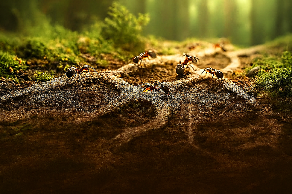 صورة مولدة للذكاء الاصطناعي لنمل يسير في مسارات منظمة لنقل الموارد، مظهرًا نظامًا لوجستيًا طبيعيًا عالي الكفاءة