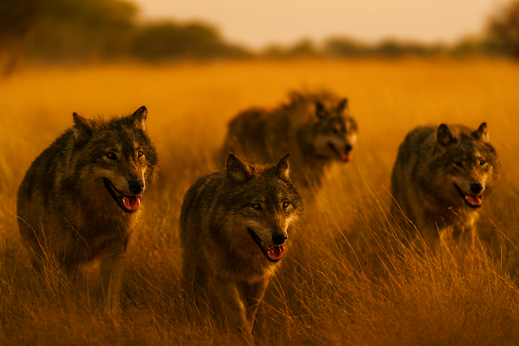 صورة مولدة عبر الذكاء الاصطناعي لمجموعة من الذئاب تتحرك بتنظيم جماعي أثناء الصيد، مجسدة مفهوم التخطيط والتوزيع اللوجستي في عالم الحيوان