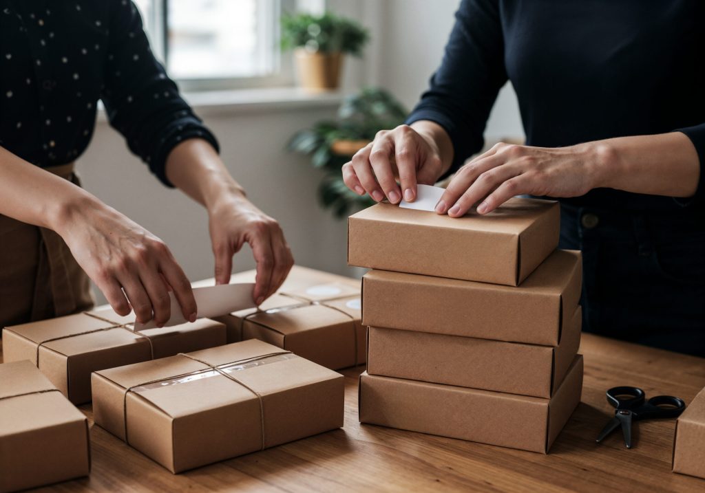 صورة حقيقية لأيادٍ تقوم بتغليف صناديق كرتونية بسيطة بطريقة منظمة، تعكس العناية بالتفاصيل والاهتمام بجودة التغليف.