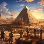 صورة مولدة عبر الذكاء الاصطناعي بناء الأهرامات في مصر القديمة مع مشاهد للعمال والمعماريين في موقع البناء