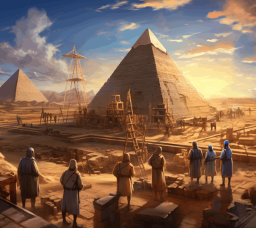 صورة مولدة عبر الذكاء الاصطناعي بناء الأهرامات في مصر القديمة مع مشاهد للعمال والمعماريين في موقع البناء