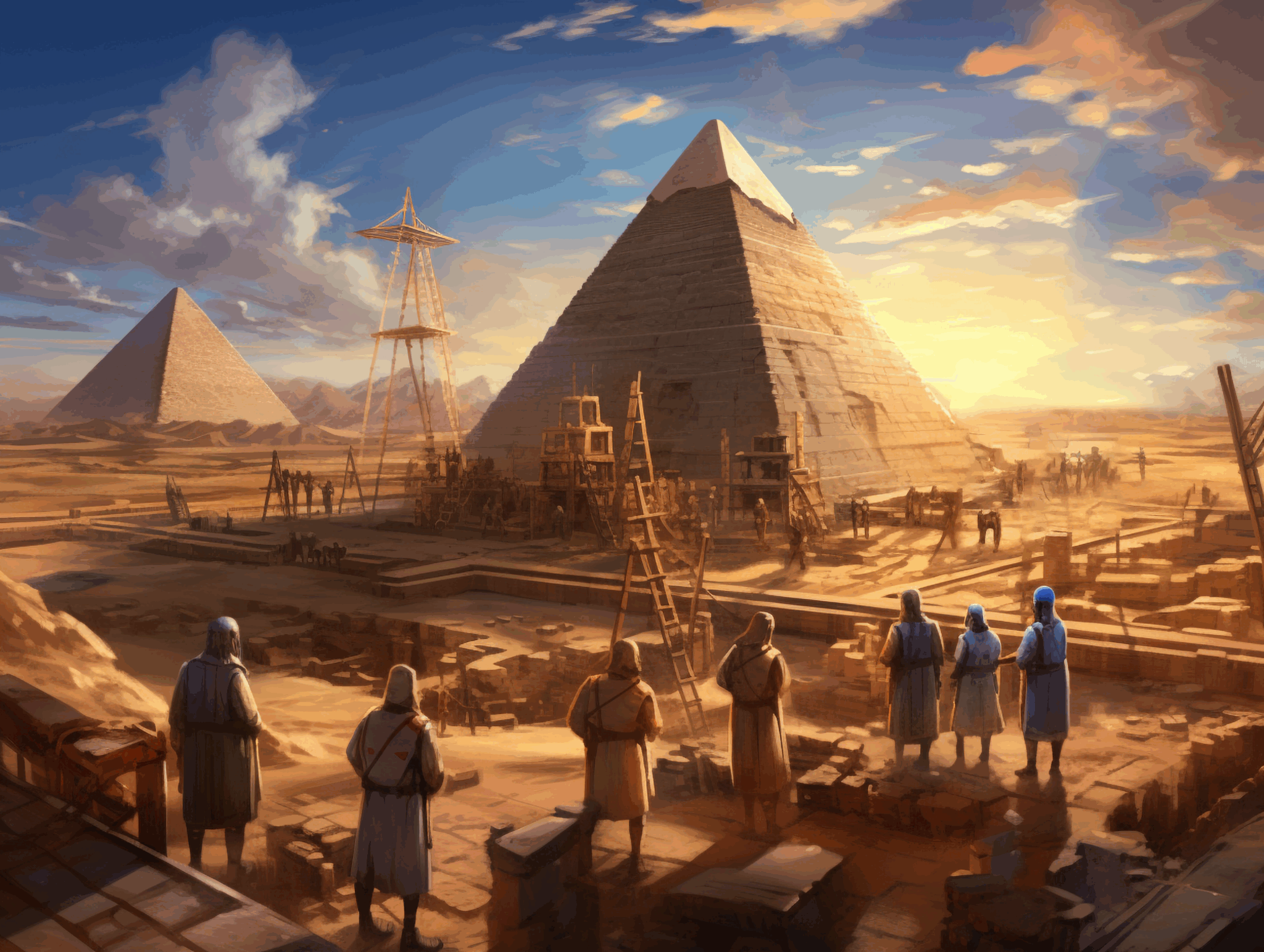 صورة مولدة عبر الذكاء الاصطناعي بناء الأهرامات في مصر القديمة مع مشاهد للعمال والمعماريين في موقع البناء