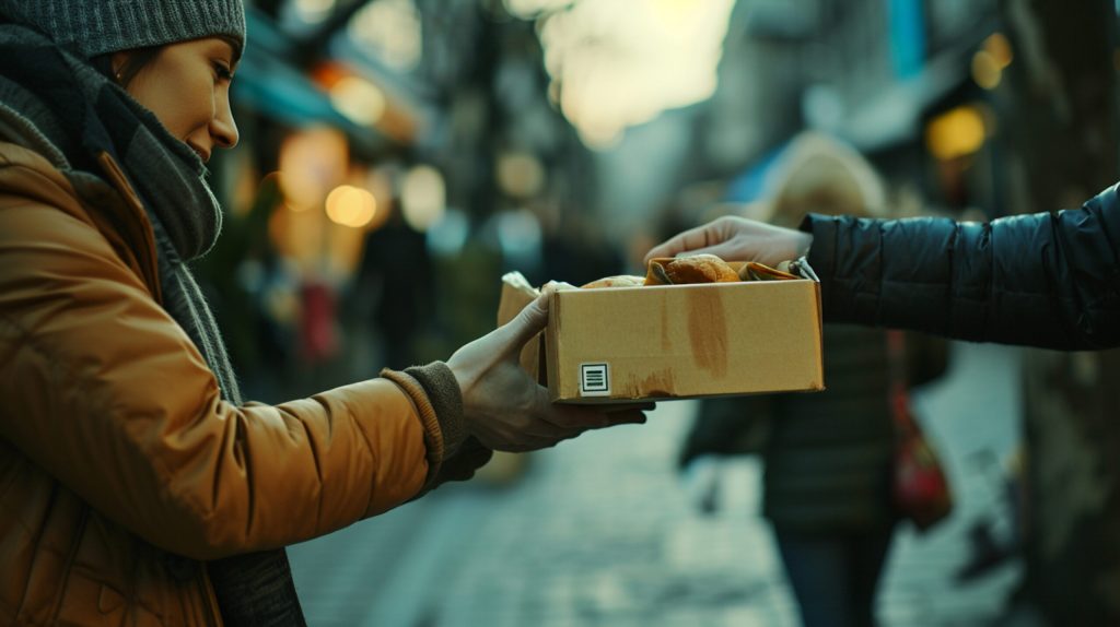 صورة حقيقة تظهر شخصًا يتسلم صندوقًا كرتونيًا يحتوي على منتجات من يد ساعي التوصيل في شارع عام. تعبر عن اللحظة الحاسمة التي يختصر فيها التغليف، دقة الشحن، والالتزام بالوقت في تجربة استلام الطرد.