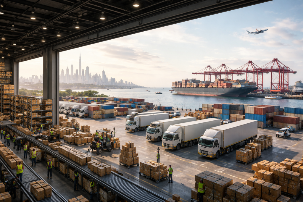 صورة مولدة عن طريق الذكاء الاصطناعي تُظهر ميناءً حديثًا يربط الشحن البحري والبري مع إشراف إداري يضمن تنظيم حركة الحاويات والشاحنات بكفاءة عالية
