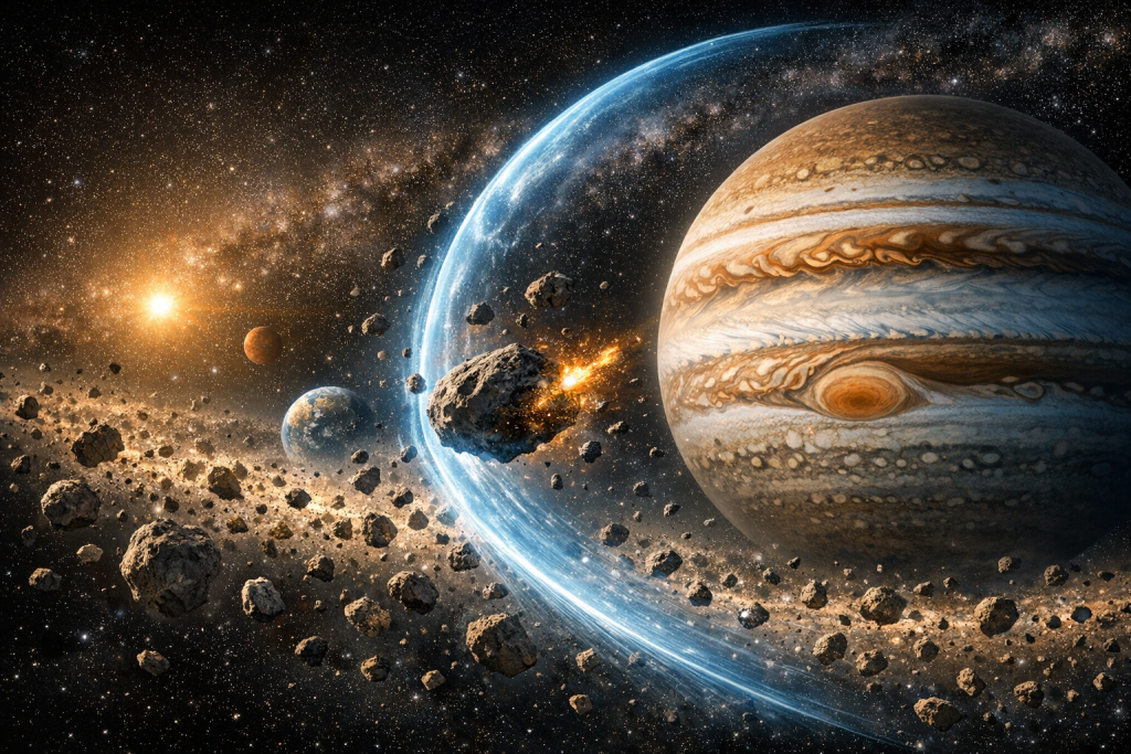 صورة مولدة عبر الذكاء الاصطناعي لكوكب المشتري مع حزام من الكويكبات وانفجار ضوئي صغير، يظهر التفاعل بين الأجرام السماوية.