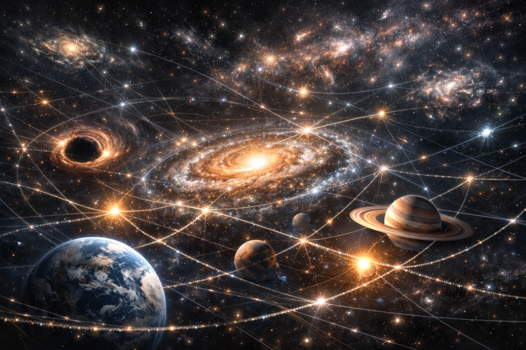 صورة مولدة عبر الذكاء الاصطناعي تظهر شبكة معقدة من النقاط المضيئة والخطوط التي تربط الأجرام السماوية والمجرات ببعضها البعض.