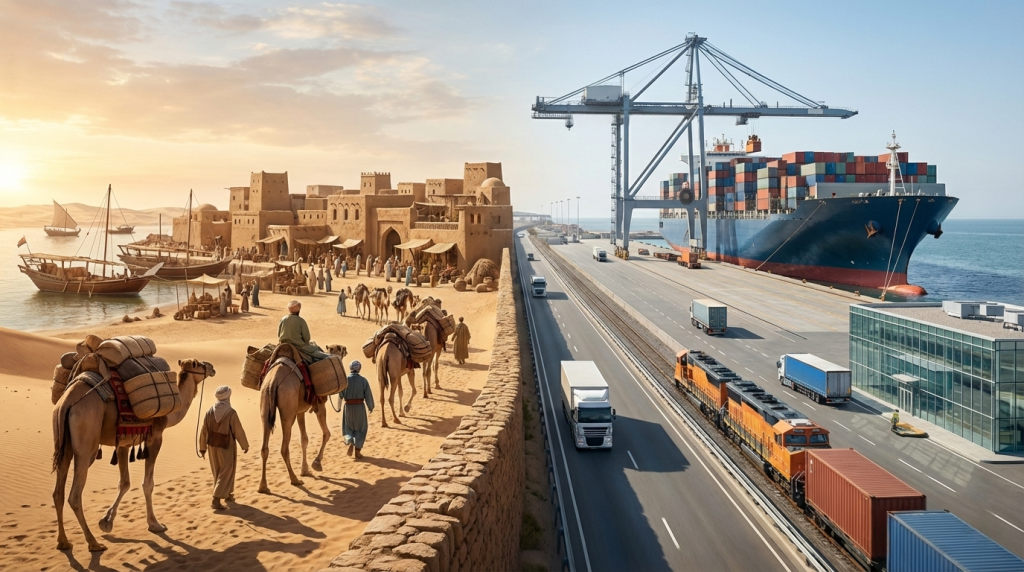 (صورة مولدة عن طريق الذكاء الاصطناعي) مشهد يقارن بين القوافل التجارية القديمة في الصحراء والتجارة الحديثة عبر الموانئ والسفن العملاقة