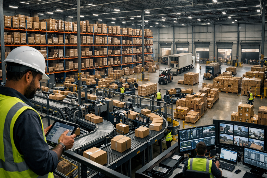 (صورة مولدة عن طريق الذكاء الاصطناعي) مستودع ذكي يُظهر التوسع المدروس في العمليات اللوجستية وإدارة المخزون