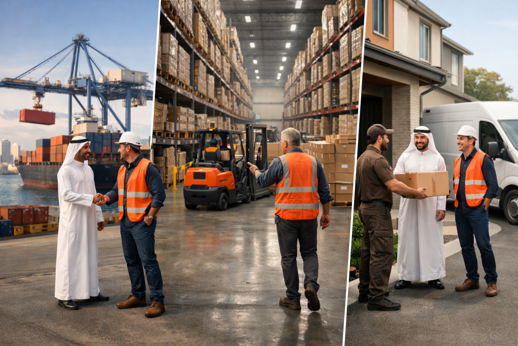 صورة مولدة عن طريق الذكاء الاصطناعي تُظهر مشاهد من الشراكات اللوجستية تشمل الموانئ والمستودعات وعمليات التسليم، مع تركيز على التعاون بين فرق العمل في سلسلة الإمداد