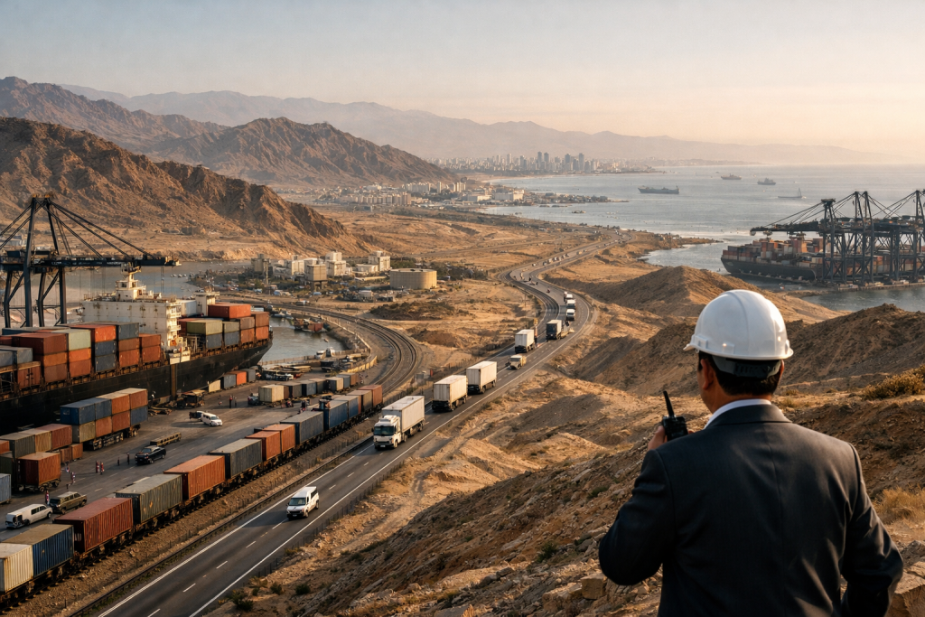 صورة مولدة عن طريق الذكاء الاصطناعي تُجسد شبكة نقل لوجستية متكاملة بين الموانئ والطرق البرية مع إشراف هندسي يرمز للتخطيط الهادئ والعمل المستدام