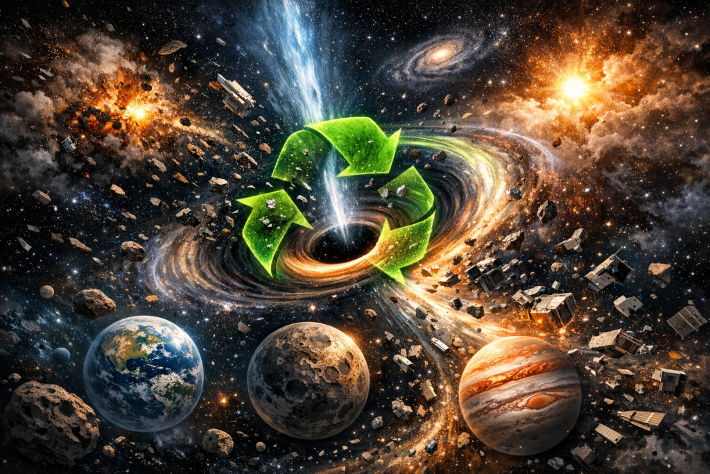 صورة مولدة عبر الذكاء الاصطناعي تظهر شعار إعادة التدوير الأخضر فوق ثقب أسود يبتلع حطاماً وكواكب، مع ألوان نارية ومجرات متداخلة.