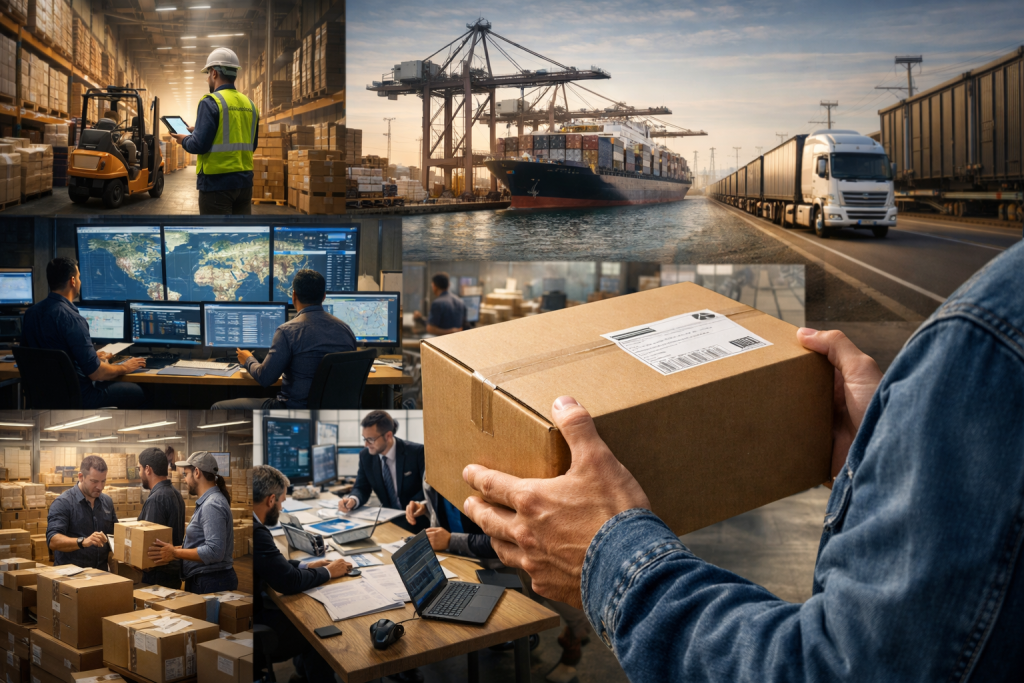 (صورة مولدة عن طريق الذكاء الاصطناعي) عمليات لوجستية داخلية تشمل إدارة الطلبات والمخزون ومراقبة الشحنات