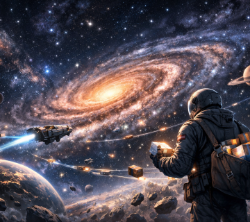 صورة مولدة عبر الذكاء الاصطناعي لموظف توصيل طلبات يقف على جرم سماوي وامامه سلاسل امداد تحميل طلبات على طول المجرة والكون