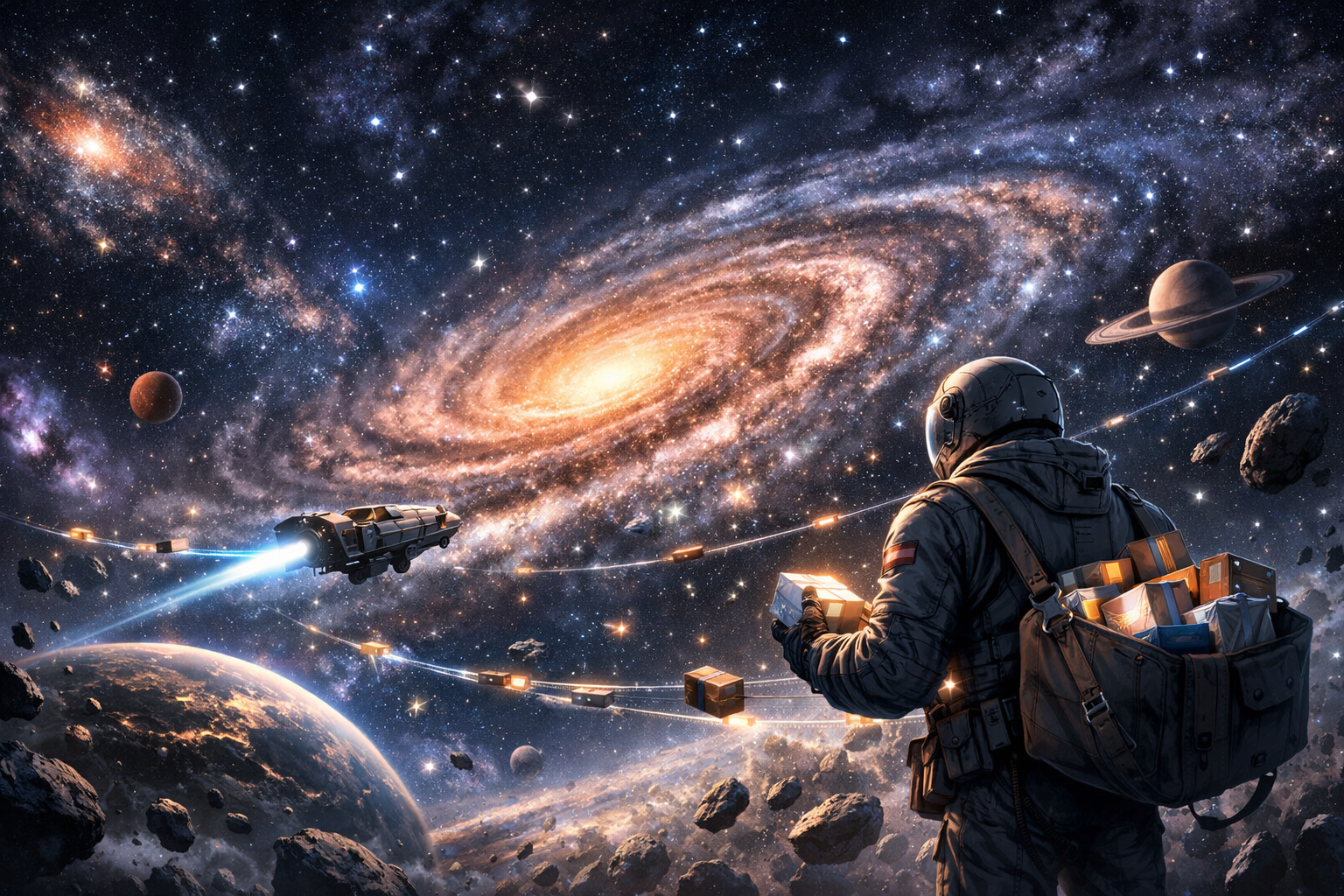 صورة مولدة عبر الذكاء الاصطناعي لموظف توصيل طلبات يقف على جرم سماوي وامامه سلاسل امداد تحميل طلبات على طول المجرة والكون