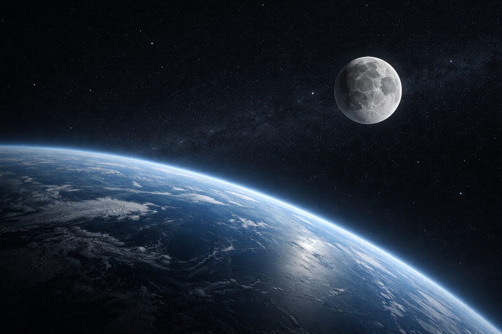 صورة مولدة عبر الذكاء الاصطناعي لمنحنى كوكب الأرض الزرقاء مع القمر في سكون الفضاء، تعكس مفهوم الدقة والانتظام الكوني.