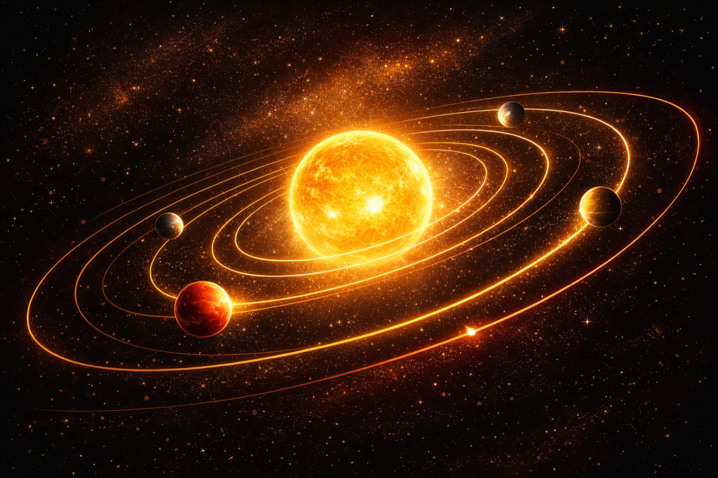 صورة مولدة عبر الذكاء الاصطناعي لنجم متوهج في المركز تدور حوله كواكب على مسافات متزنة مع خيوط ضوئية تربط بينها.