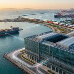 صورة مولدة عن طريق الذكاء الاصطناعي تُظهر منظومة لوجستية مستقبلية تربط الموانئ بالسفن والقطارات السريعة والمراكز الذكية بين الخليج وآسيا