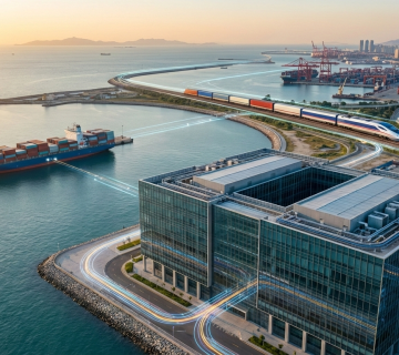 صورة مولدة عن طريق الذكاء الاصطناعي تُظهر منظومة لوجستية مستقبلية تربط الموانئ بالسفن والقطارات السريعة والمراكز الذكية بين الخليج وآسيا