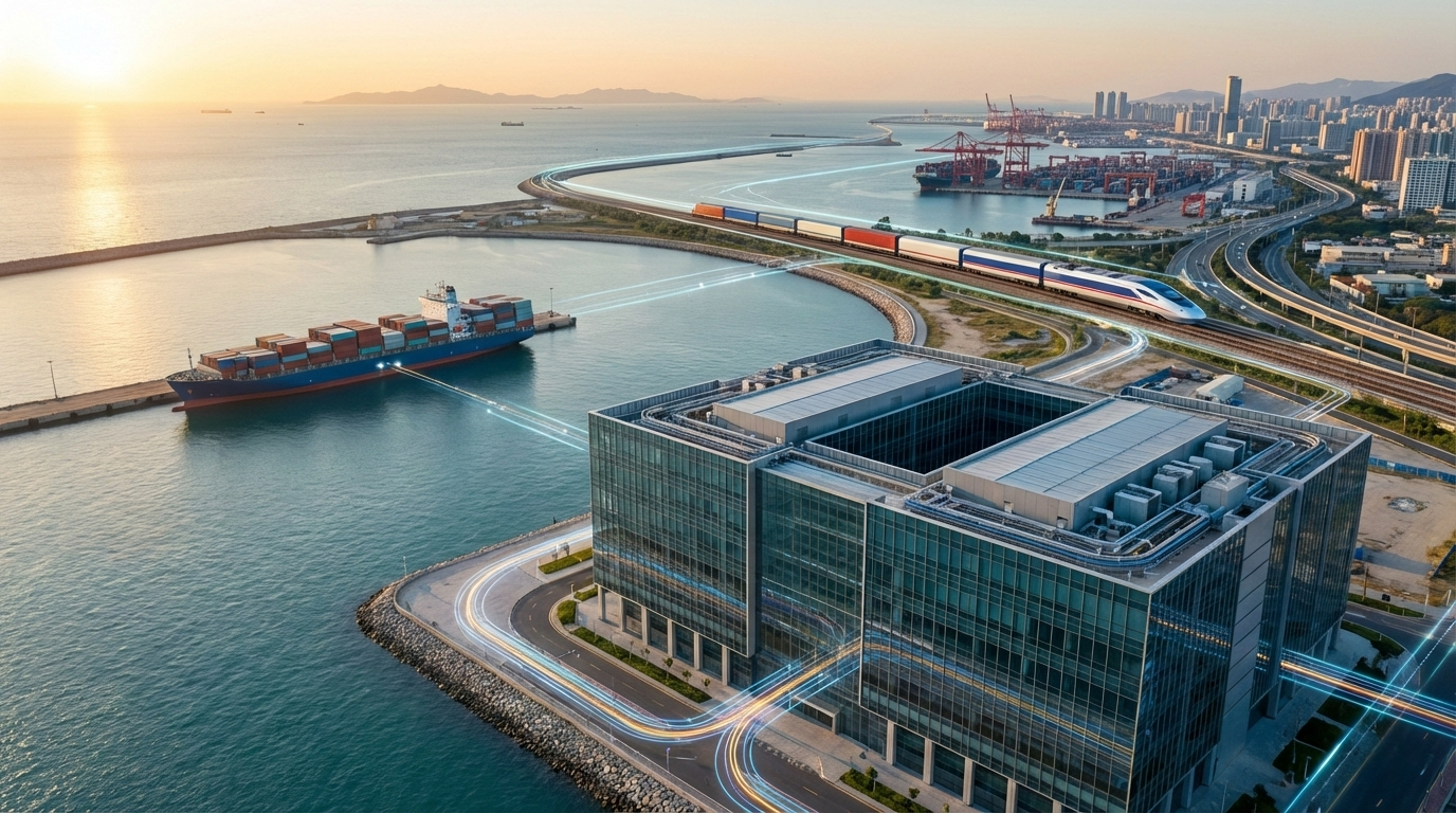 صورة مولدة عن طريق الذكاء الاصطناعي تُظهر منظومة لوجستية مستقبلية تربط الموانئ بالسفن والقطارات السريعة والمراكز الذكية بين الخليج وآسيا