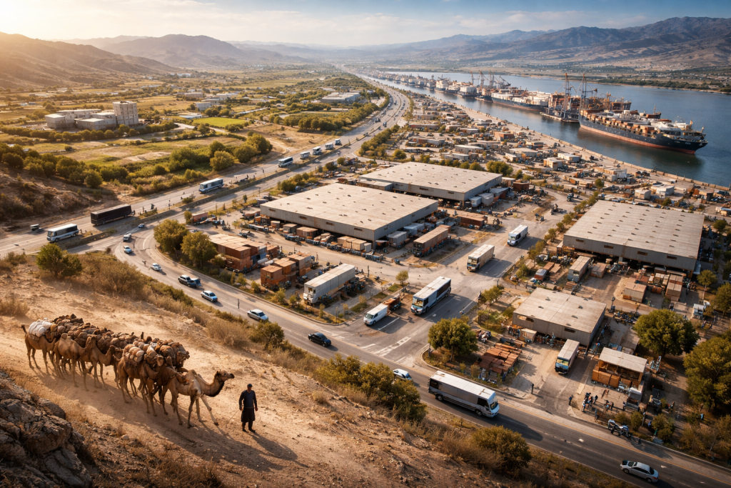 (صورة مولدة عن طريق الذكاء الاصطناعي) تطور التجارة من القوافل التقليدية إلى شبكة لوجستية حديثة مترابطة