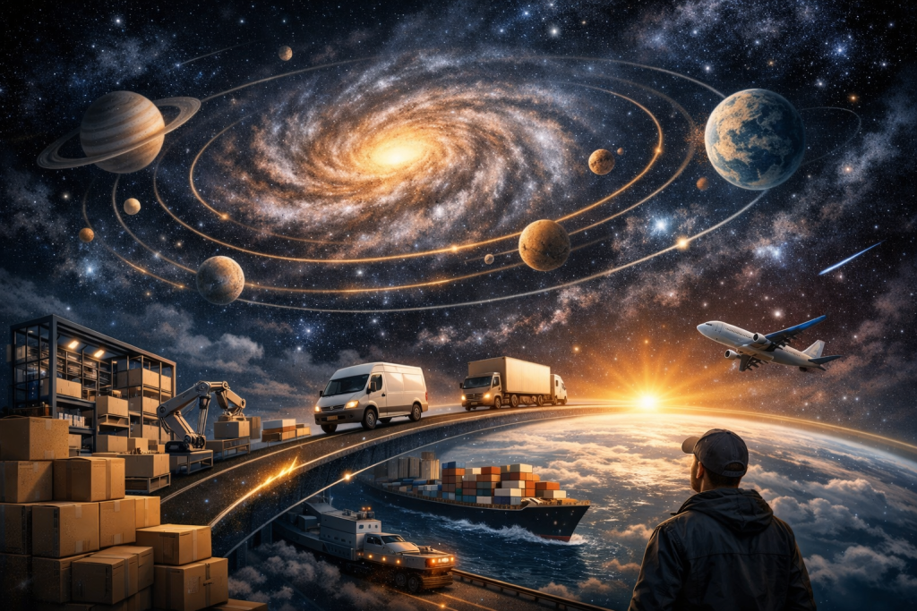 صورة مولدة عبر الذكاء الاصطناعي لشخص ينظر لمركبات شحن تنطلق من الأرض نحو مجرة لولبية عملاقة في السماء، تمزج بين عالم النقل والفضاء.