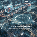 تم توليدها بالذكاء الاصطناعي مشهد مستقبلي فائق التطور لمدينة ذكية تعلوها طائرة "درون" شفافة تنقل الطرود، مع واجهات بيانية رقمية وساعة مركزية تبرز مفهوم "البعد الخامس" الذي يركز على تحسين التسليم وإدارة الوقت بدقة متناهية 