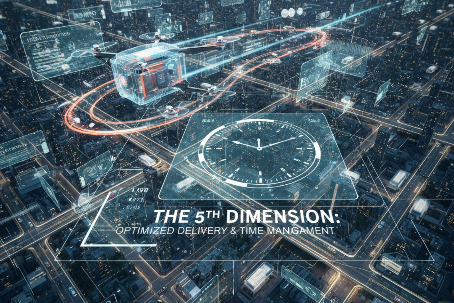 تم توليدها بالذكاء الاصطناعي مشهد مستقبلي فائق التطور لمدينة ذكية تعلوها طائرة "درون" شفافة تنقل الطرود، مع واجهات بيانية رقمية وساعة مركزية تبرز مفهوم "البعد الخامس" الذي يركز على تحسين التسليم وإدارة الوقت بدقة متناهية