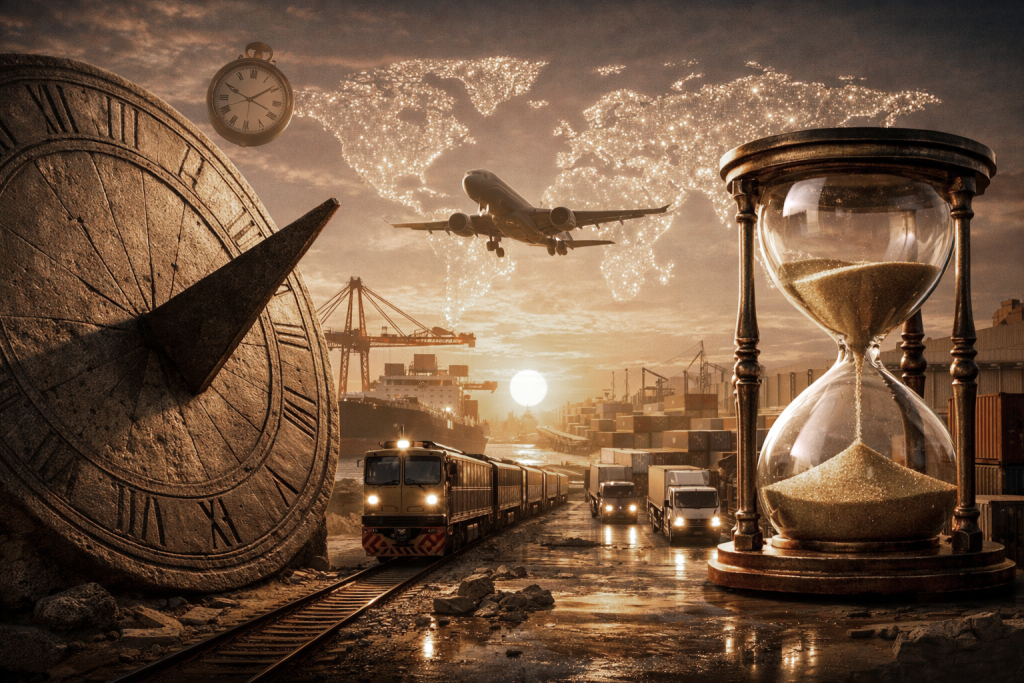 صدى الزمن: اللوجستيات كقصة بشرية (اضغط لعرض الصورة بحجم كامل) تم توليدها بالذكاء الاصطناعي
لوحة فنية رمزية تجمع بين الساعة الرملية، الساعة الشمسية، وخارطة العالم المضيئة، مع وسائل نقل حديثة، لتلخص كيف تحولت اللوجستيات من مجرد نقل بضائع إلى فن إدارة أثمن ما نملك: الوقت.