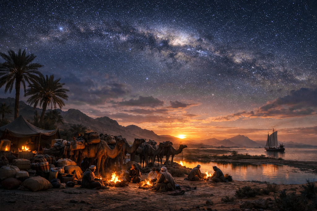 نبض الحياة الأول: عندما كان الزمن رفيقاً (اضغط لعرض الصورة بحجم كامل) تم توليدها بالذكاء الاصطناعي
لوحة فنية ساحرة تجسد البدايات التقليدية للوجستيات؛ قافلة من الإبل تستريح عند الغروب تحت سماء مرصعة بالنجوم ومجرة درب التبانة، حيث كان الزمن يُقاس بحركة الكواكب وهدوء الصحراء.