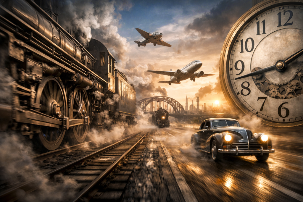 عندما انحنى الزمن للعجلات: ثورة السرعة (اضغط لعرض الصورة بحجم كامل) تم توليدها بالذكاء الاصطناعي
صورة مفعمة بالحركة تستعرض القفزة النوعية في وسائل النقل؛ قطار بخاري عملاق، طائرات كلاسيكية، وسيارة عتيقة تنطلق بسرعة، بينما تظهر ساعة ميكانيكية ضخمة في الخلفية لترمز إلى بداية عصر حسابات السرعة والدقة.