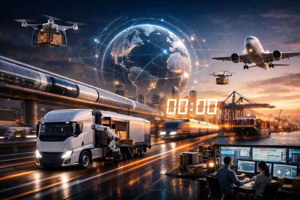 زمن الصفر: عصر لا يعرف الانتظار (اضغط لعرض الصورة بحجم كامل) تم توليدها بالذكاء الاصطناعي
مشهد لوجستي متكامل يجمع بين الشاحنات الضخمة، القطارات فائقة السرعة، والطائرات، مع شاشة رقمية تظهر التوقيت "00:00"، مما يعكس طموح اللوجستيات الحديثة في تحقيق التسليم الفوري وتصفير زمن الانتظار.