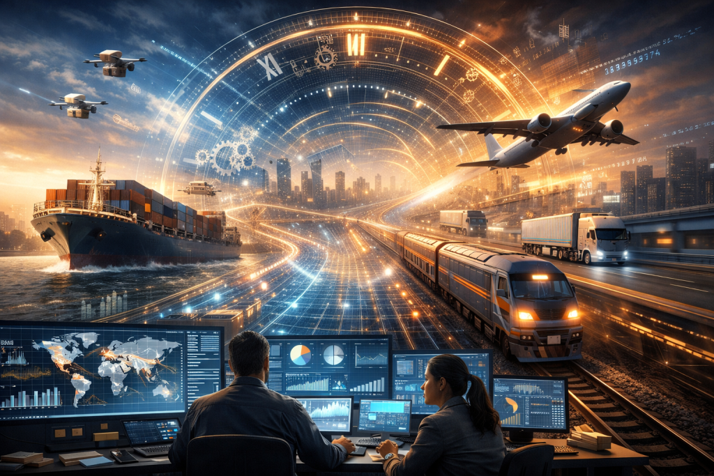 اللوجستيات كآلة للزمن: فن إدارة اللحظة (اضغط لعرض الصورة بحجم كامل) تم توليدها بالذكاء الاصطناعي
غرفة عمليات ذكية يديرها خبراء أمام شاشات عملاقة، يراقبون من خلالها تدفق السفن والقطارات والشاحنات عبر ممرات ضوئية تشبه "ثقوب الدود" الزمنية، في إشارة إلى أن الإدارة اللوجستية الناجحة هي تحكم كامل في عنصر الزمن.