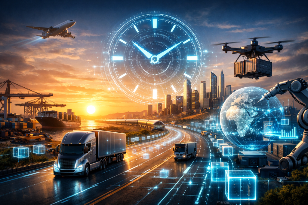 المستقبل ينتظر: صياغة زمن لوجستي جديد (اضغط لعرض الصورة بحجم كامل) تم توليدها بالذكاء الاصطناعي
رؤية بانورامية لمستقبل سلاسل الإمداد؛ حيث تتداخل الروبوتات، والدرونات، والشاحنات ذاتية القيادة مع بيانات سحابية متدفقة، تتوسطها ساعة رقمية مضيئة تعلن عن ولادة عصر جديد كلياً في عالم الخدمات اللوجستية.