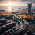 الصورة مولدة عبر الذكاء الاصطناعي  تُظهر ميناءً مستقبلياً ضخماً حيث تتقاطع الجسور والطرق السريعة لتشكل هيئة أجنحة فراشة عملاقة ملونة بالبرتقالي، مع تدفق مستمر للشاحنات والسفن المحملة بالحاويات، مما يبرز التداخل بين الهندسة المعمارية اللوجستية والجمال البصري 