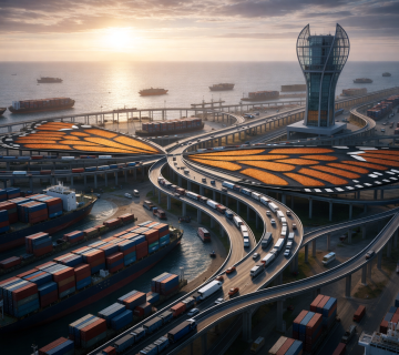 الصورة مولدة عبر الذكاء الاصطناعي  تُظهر ميناءً مستقبلياً ضخماً حيث تتقاطع الجسور والطرق السريعة لتشكل هيئة أجنحة فراشة عملاقة ملونة بالبرتقالي، مع تدفق مستمر للشاحنات والسفن المحملة بالحاويات، مما يبرز التداخل بين الهندسة المعمارية اللوجستية والجمال البصري 