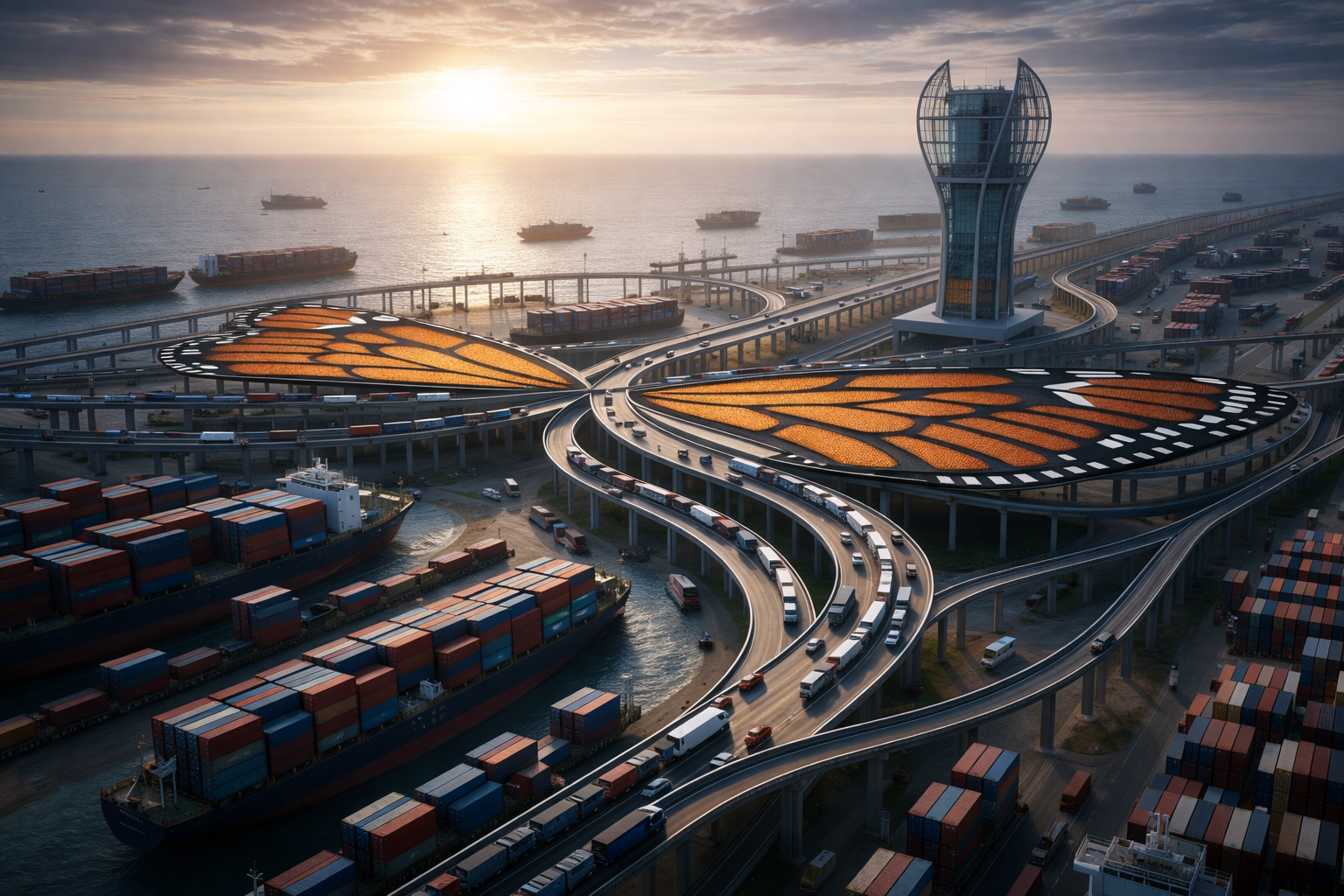 الصورة مولدة عبر الذكاء الاصطناعي تُظهر ميناءً مستقبلياً ضخماً حيث تتقاطع الجسور والطرق السريعة لتشكل هيئة أجنحة فراشة عملاقة ملونة بالبرتقالي، مع تدفق مستمر للشاحنات والسفن المحملة بالحاويات، مما يبرز التداخل بين الهندسة المعمارية اللوجستية والجمال البصري