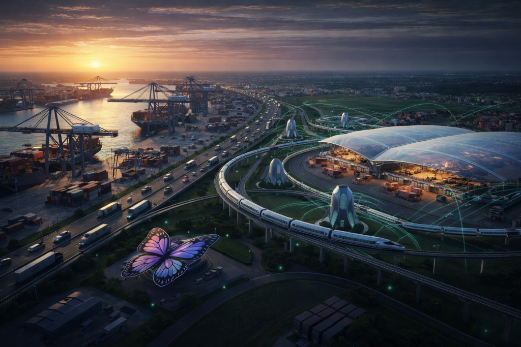 أجنحة الفراشة ورؤية المستقبل - اضغط لعرض الصورة بحجم كامل الصورة مولدة عبر الذكاء الاصطناعي. مركز لوجستي متكامل عند الغسق، يحتوي على مدارج طيران، سكك حديدية فائقة السرعة، وميناء بحري، وتبرز في المقدمة أيقونة فراشة ضوئية بجانب الطرق السريعة المزدحمة.