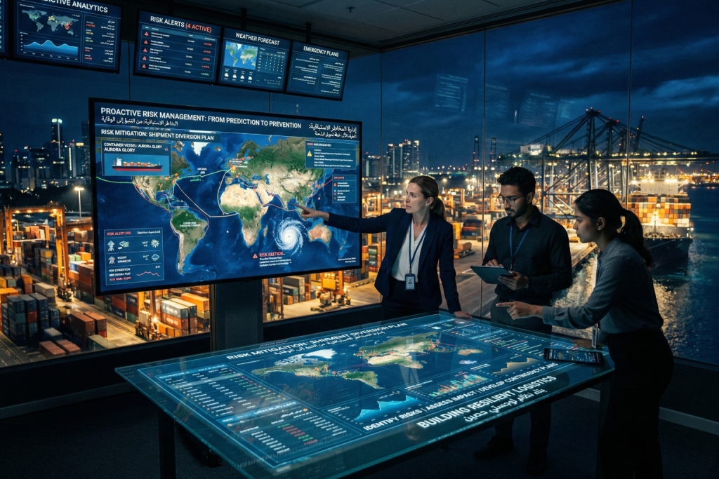  صورة مولدة عبر الذكاء الاصطناعي لغرفة تحكم ليلية متطورة، حيث يقوم خبراء بتحليل مسارات العواصف والتهديدات المحتملة على خرائط رقمية عملاقة لتفادي الأزمات قبل وقوعها.