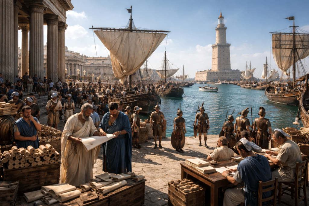 الإسكندرية: سياسة الاستحواذ والتوريد النشط - اضغط لعرض الصورة بحجم كامل صورة مولدة عبر الذكاء الاصطناعي لميناء الإسكندرية القديم، حيث تظهر فنار الإسكندرية في الأفق. في المقدمة، نرى موظفين وجنوداً يفحصون لفائف البردي المصادرة من السفن، في تجسيد تاريخي لأول عملية "جمارك معرفية" في التاريخ لملء المكتبة العظمى.