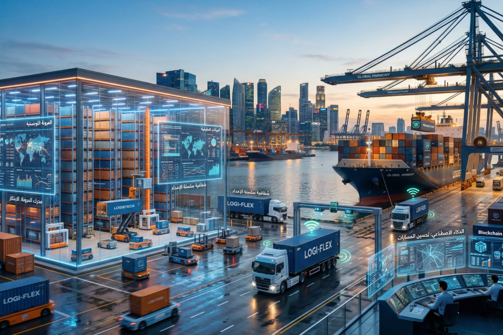 صورة مولدة عبر الذكاء الاصطناعي لمستودع وميناء ذكي فائق التطور، حيث تظهر روبوتات وشاحنات ذاتية القيادة وتقنيات الذكاء الاصطناعي و"البلوكشين" كعناصر أساسية في إدارة العمليات.